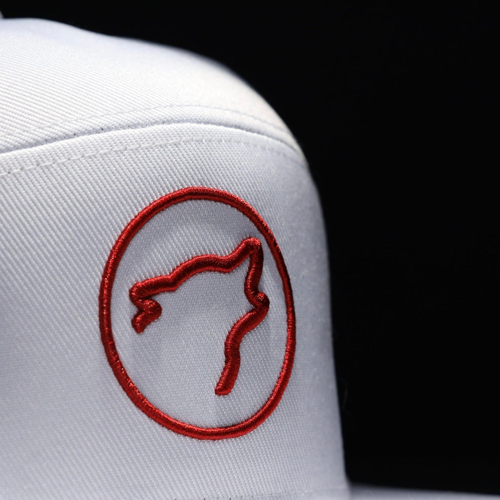 Flat Bill Snapback Hat Arctic White Savage Red Accents